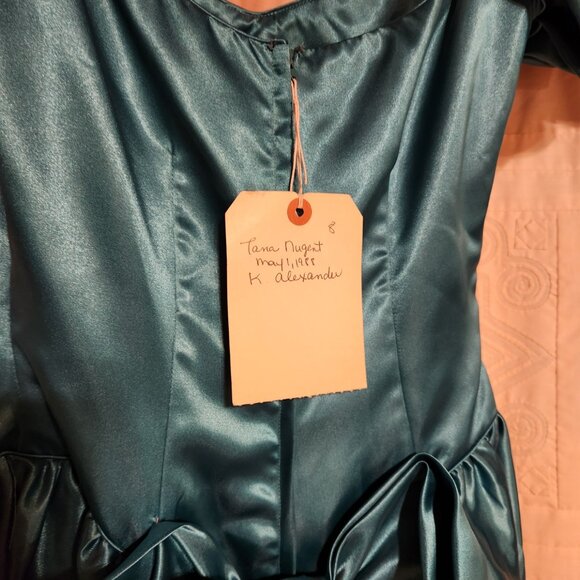 👗 Vtg 1988 Teal Satin Puff Sleeve Bow Prom Dress XS 👗 - Picture 8 of 9